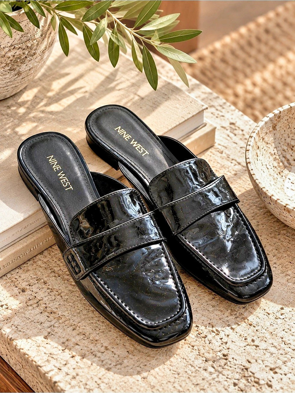 Nine West Black Patent Slip-On Mules Like New size 6.5